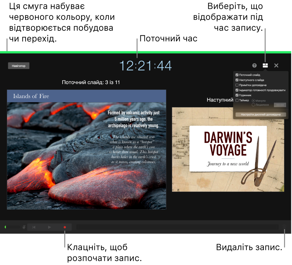 Знімок екрана режиму записування голосу на дисплеї доповідача. Відображаються поточний і наступний слайд, поточний час і елементи керування дисплеєм доповідача. Унизу дисплея розташовано елементи керування, які відповідають за запуск, зупинення й видалення запису.