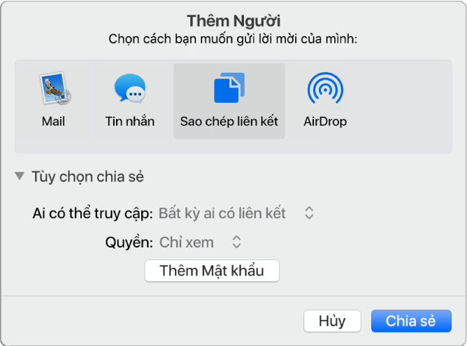 Phần Tùy chọn chia sẻ của hộp thoại cộng tác mở ra, với các menu “Ai có thể truy cập” và “Quyền” đang hiển thị.