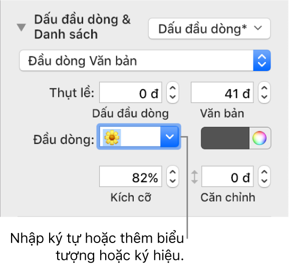 Phần Dấu đầu dòng & Danh sách của thanh bên Định dạng. Trường Đầu dòng hiển thị một biểu tượng bông hoa.