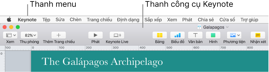 Thanh menu ở đầu màn hình với các menu Apple, Keynote, Tệp, Sửa, Chèn, Định dạng, Sắp xếp, Xem, Chia sẻ, Cửa sổ và Trợ giúp. Bên dưới thanh menu là một bài thuyết trình Keynote được mở với các nút thanh công cụ ngang qua cạnh trên cho Xem, Thu phóng, Thêm trang chiếu, Phát, Keynote Live, Bảng, Biểu đồ, Văn bản, Hình, Phương tiện và Nhận xét.
