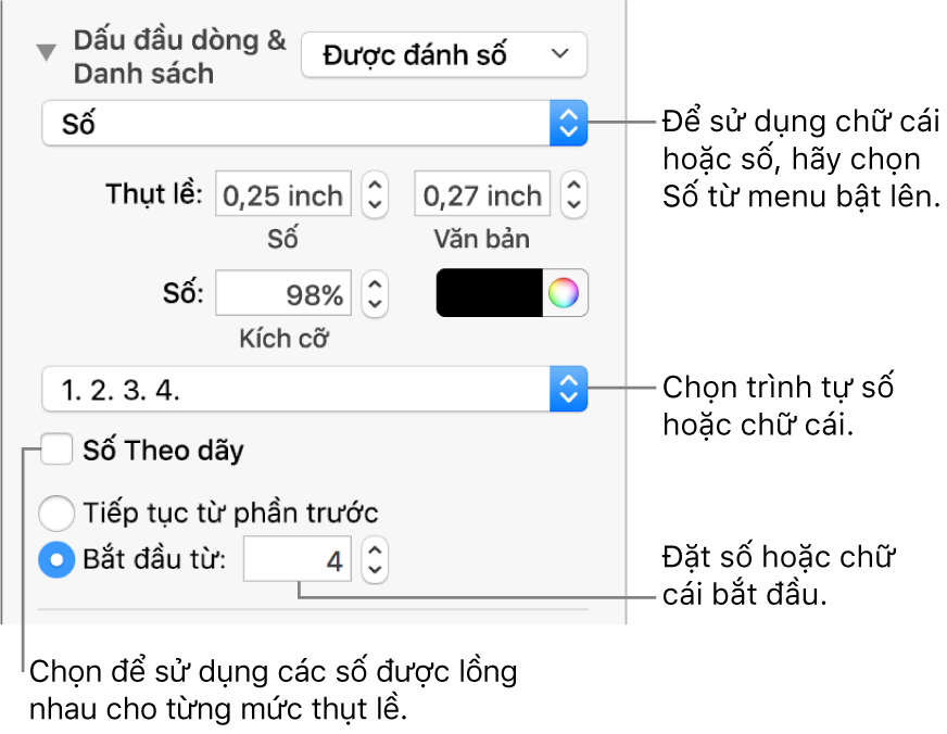 Các điều khiển để thay đổi kiểu số và khoảng cách của danh sách.