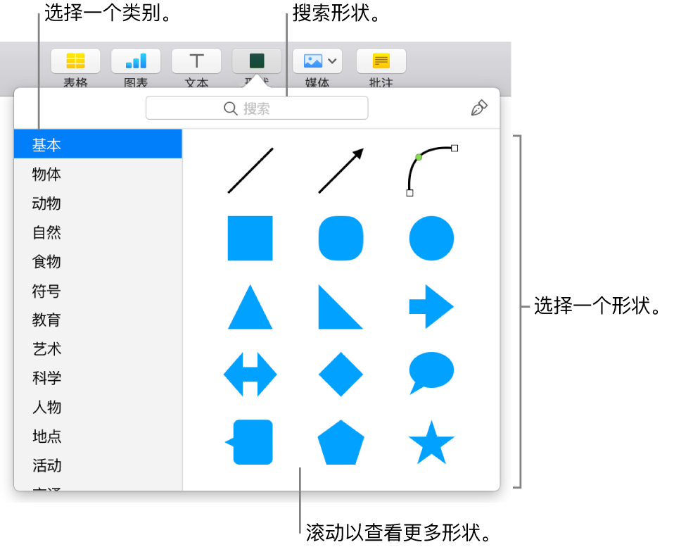 形状库，类别列于左边，形状显示在右边。您可以使用顶部的搜索栏来查找形状，还可以滚动来查看更多形状。