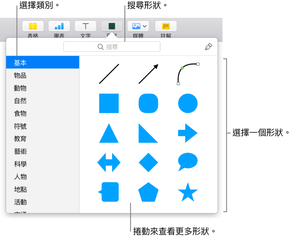 形狀資料庫，左側列出類別，右側顯示形狀。您可以使用最上方的搜尋欄位來尋找形狀，並捲動來查看更多。