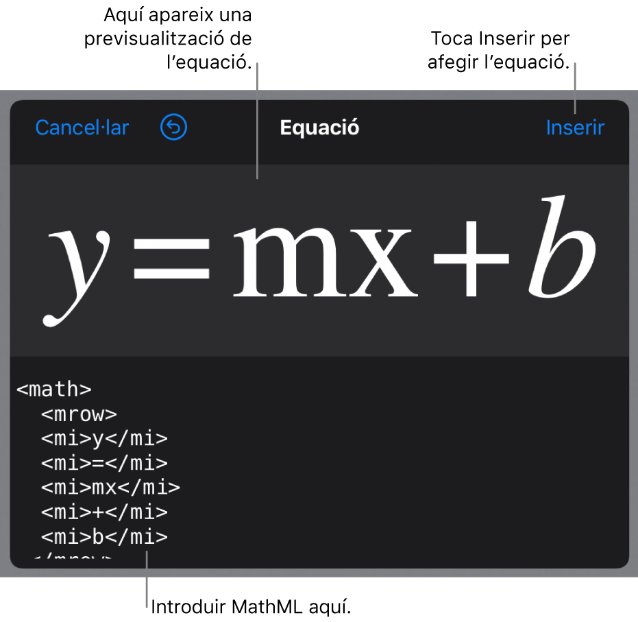 Codi MathML de l’equació del pendent d’una línia i una previsualització de la fórmula al damunt.