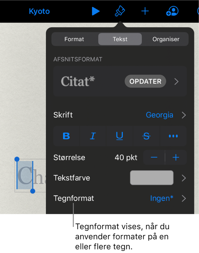 Betjeningsmulighederne til formatering af tekst med Tegnformat under betjeningsmulighederne til farve. Tegnformatet Intet vises med en stjerne.