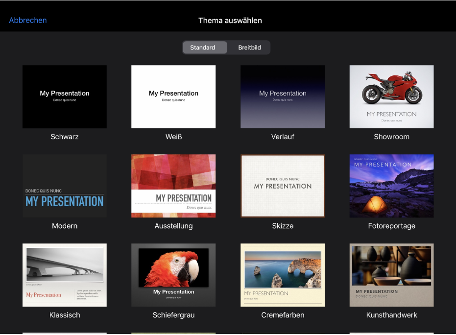 Die Themenauswahl zeigt vordefinierte Themen, die du zum Erstellen einer neuen Präsentation verwenden kannst.