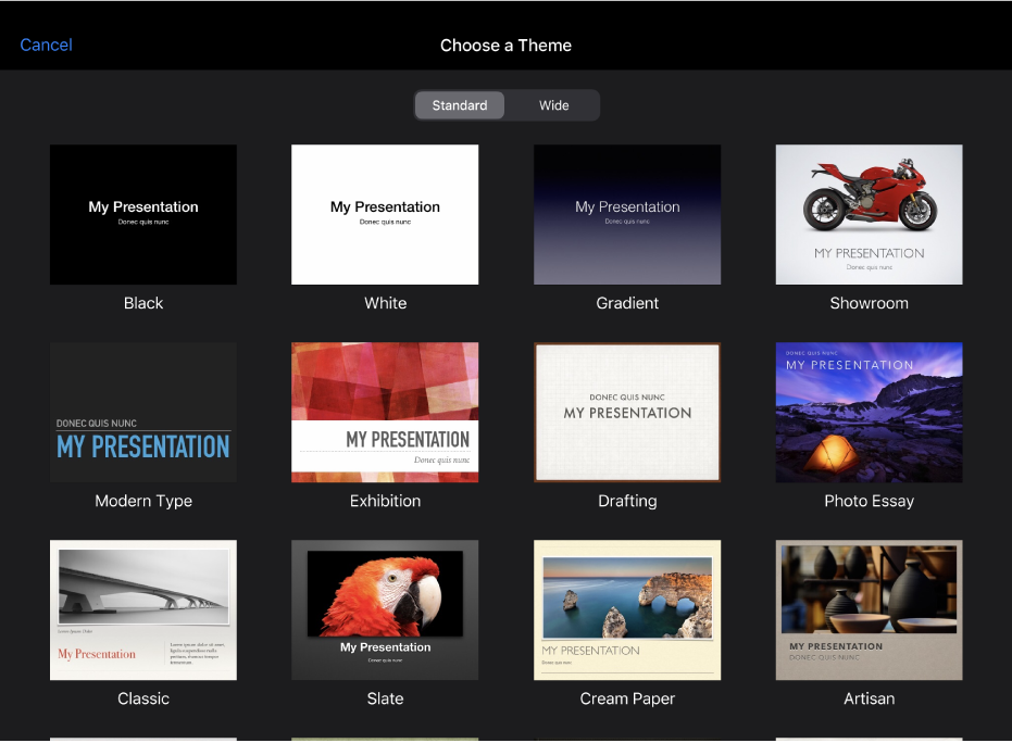 The theme chooser, showing pre-designed themes you can use to begin presentations.