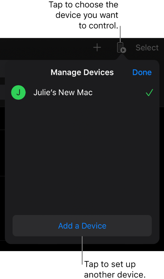 The Manage Devices pop over, showing the Add a Device link.