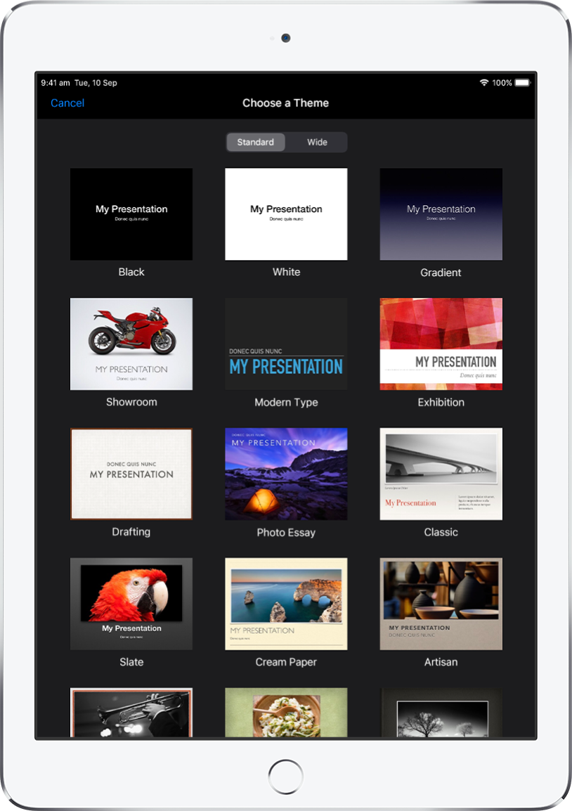 The theme chooser with buttons for Standard and Wide at the top. Thumbnail images of themes are shown below.
