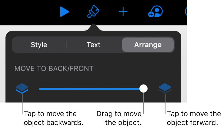 The Move Backward button, the Move Forward button and the layering slider.