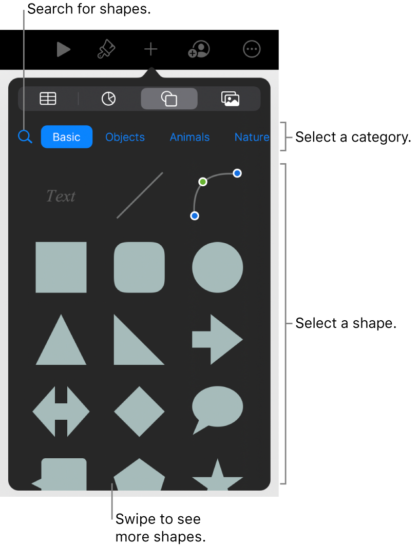 The shapes library, with categories at the top and shapes displayed below. You can use the search field at the top to find shapes and swipe to see more.
