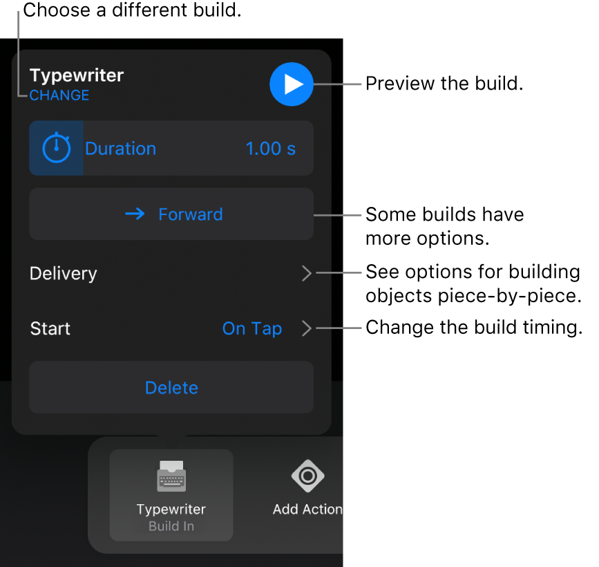 Build options include Duration, Delivery and Start timing. Tap Change to choose a different build or tap Preview to preview the build.