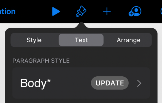 A paragraph style with an asterisk next to it and an Update button on the right.