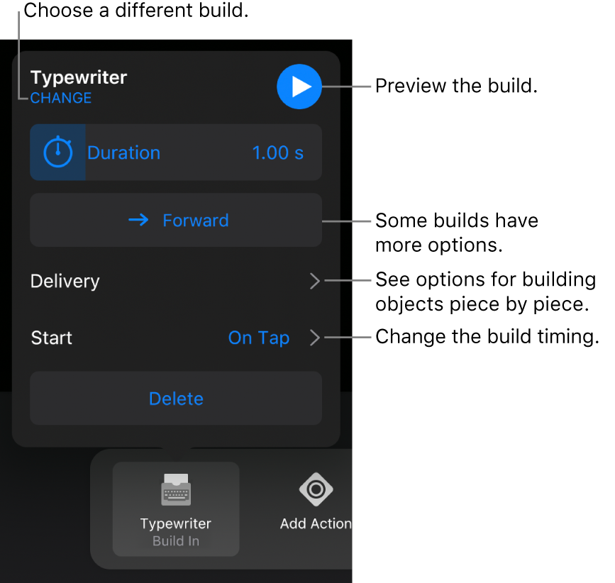 Build options include Duration, Delivery and Start timing. Tap Change to choose a different build, or tap Preview to preview the build.
