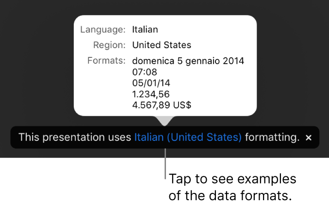 The notification of the different language and region setting, showing examples of the formatting in that language and region.