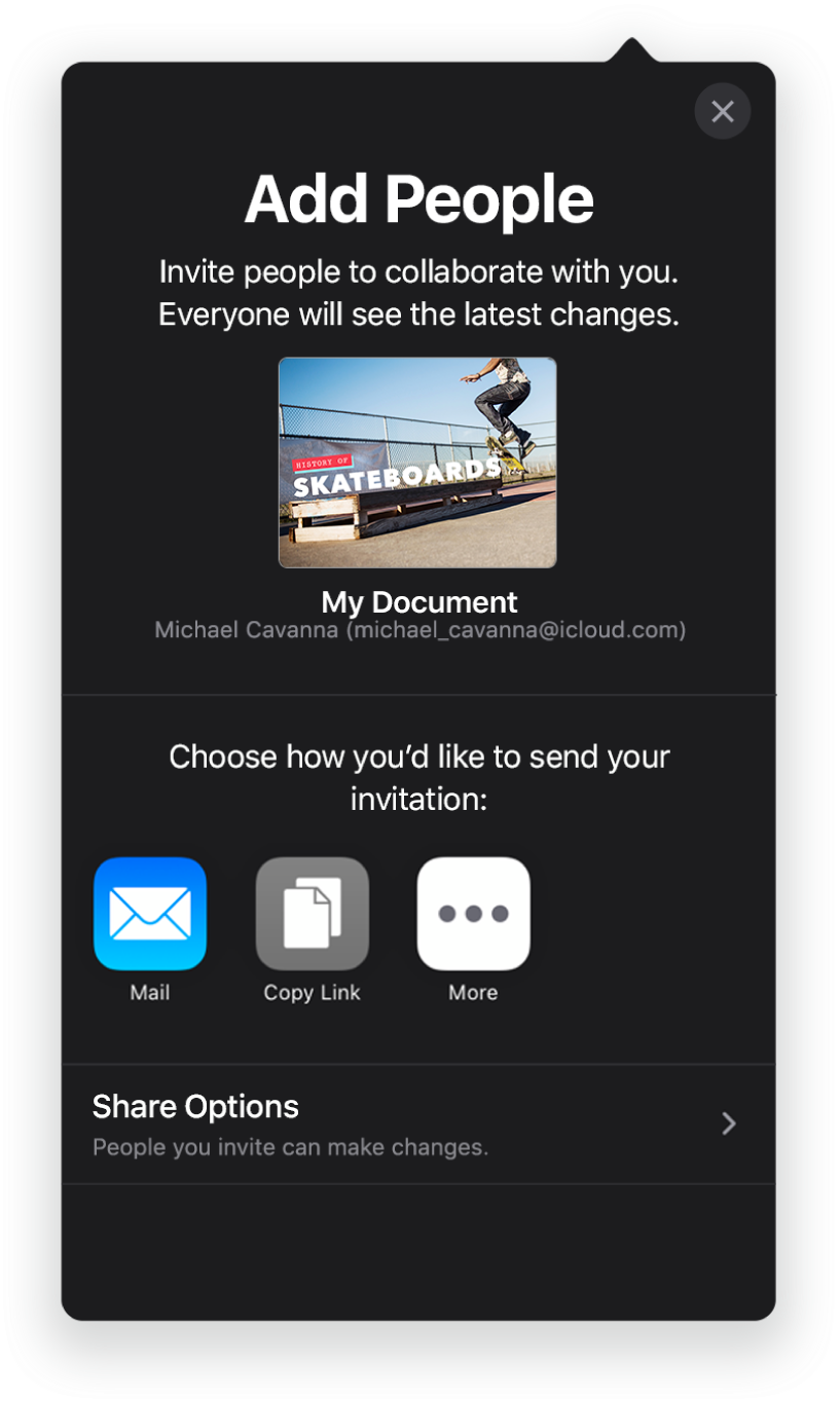 The Add People screen showing a picture of the presentation to be shared. Below it are buttons for ways to send the invitation, including Mail, a Copy Link, and More. At the bottom is the Share Options button.