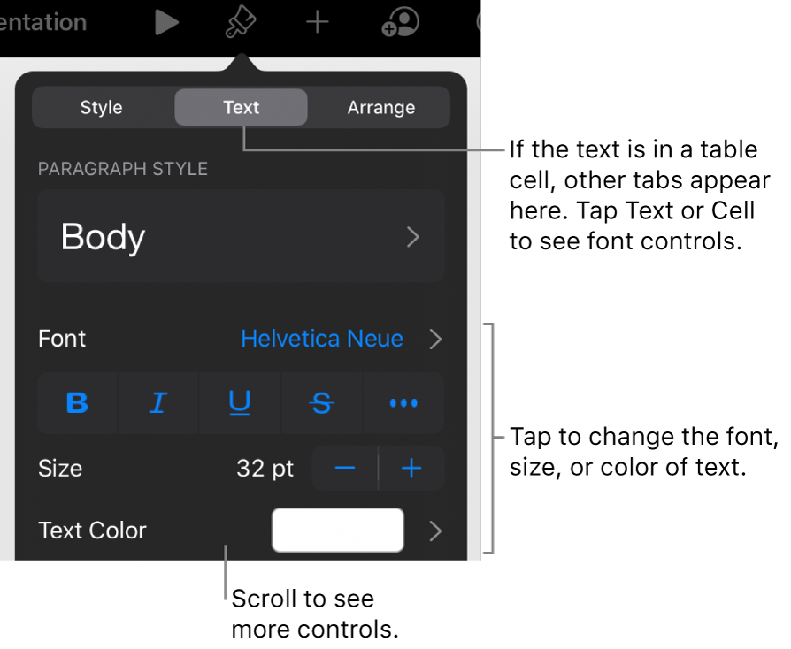 Text controls in the Format menu for setting paragraph and character styles, font, size, and color.