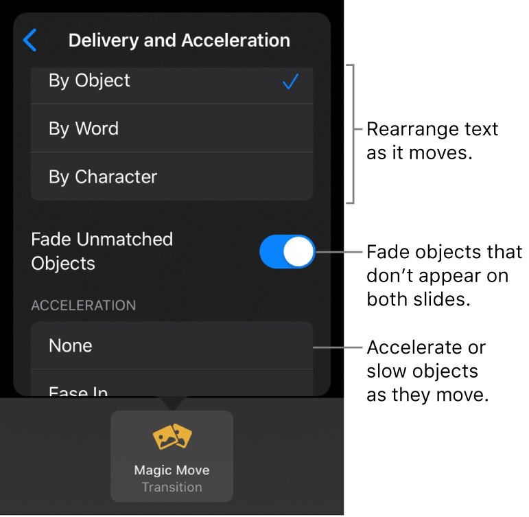 Magic Move delivery and acceleration options in the Acceleration pane.