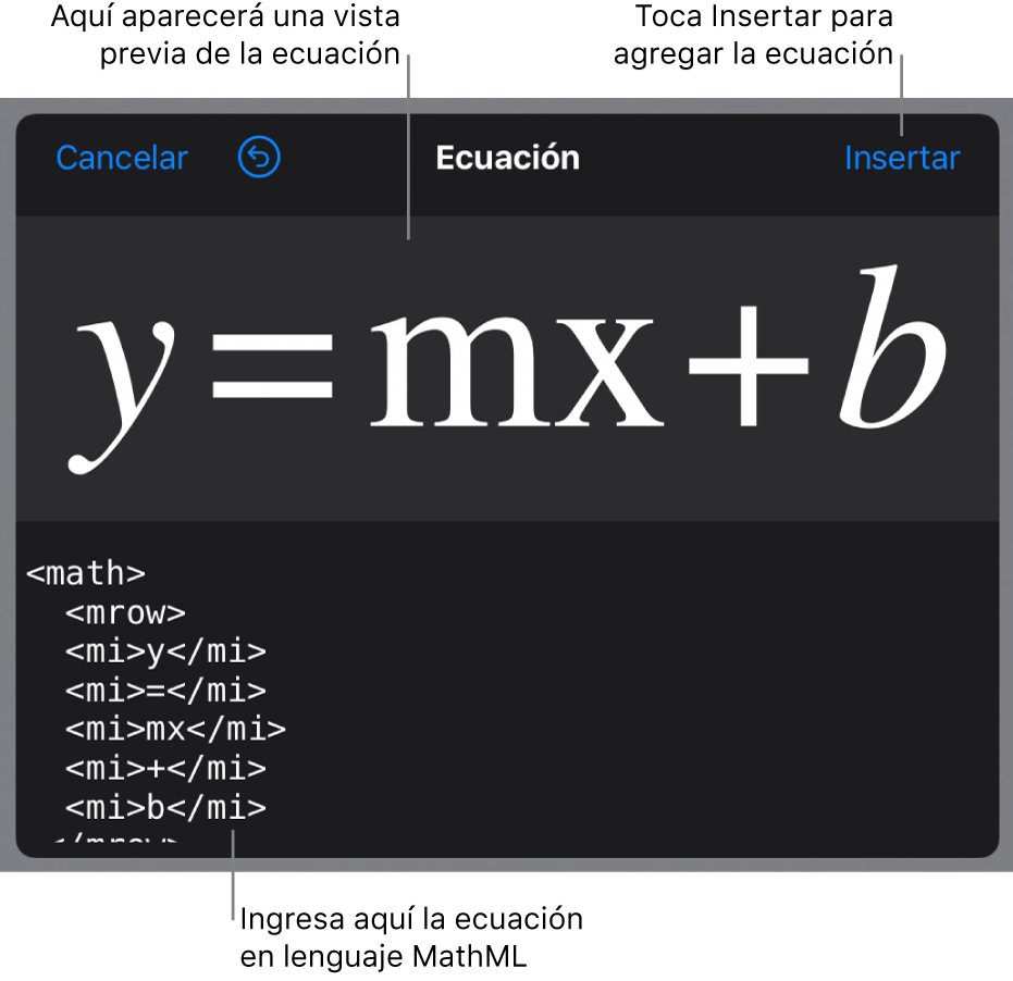 Código MathML de la ecuación de la pendiente de una recta y la previsualización de la fórmula encima.