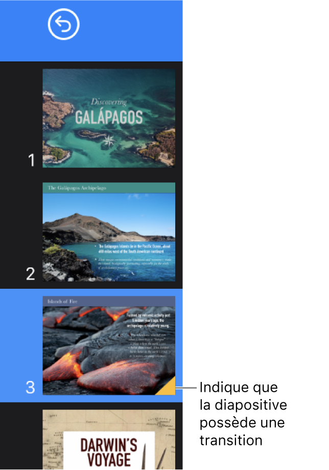 Un triangle jaune sur une diapositive indique que la diapositive comporte une transition.