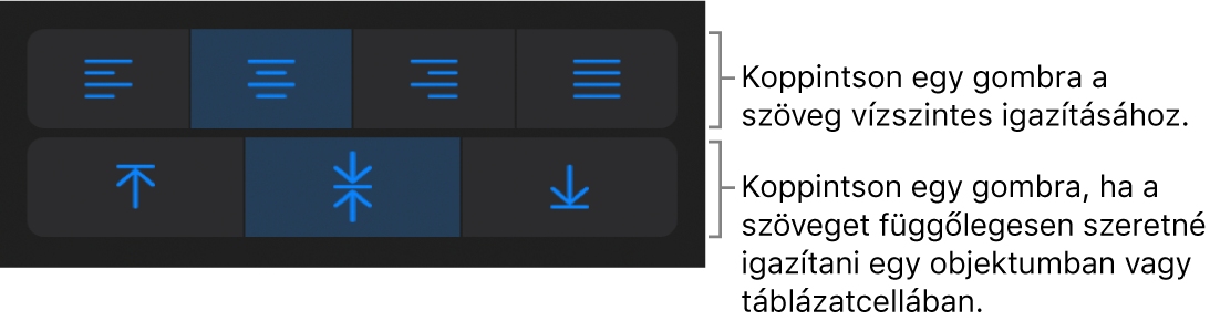 A szövegek vízszintes és függőleges igazítására szolgáló gombok.