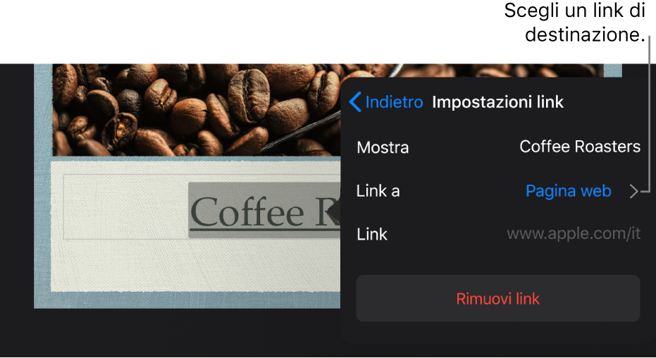 La finestra a comparsa “Impostazioni link” con i campi Mostra, “Link a” (con “Pagina web” selezionato) e Link. Nella parte inferiore è presente il pulsante “Rimuovi link”.