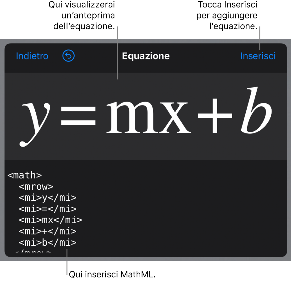 Codice MathML per l'equazione del coefficiente angolare di una retta e un'anteprima della formula sopra.