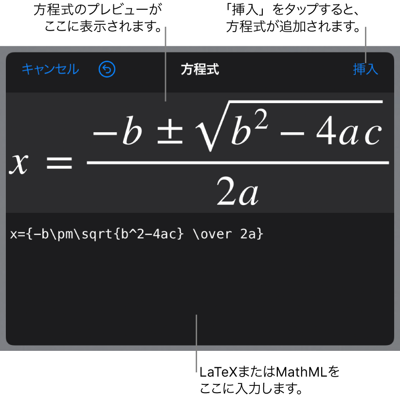 「方程式」ダイアログ。LaTeXコマンドを使用して書き込まれた二次方程式の解の公式が表示され、その上に公式のプレビューが表示されています。