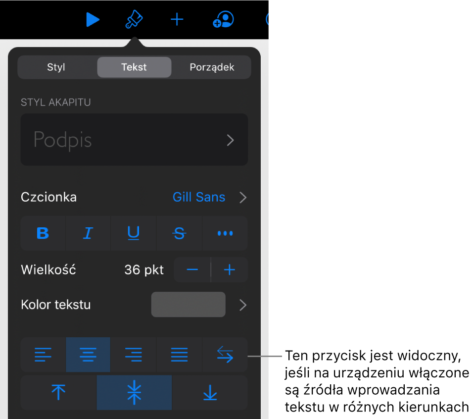 Narzędzia tekstu w menu Format z objaśnieniem wskazującym przycisk Od lewej do prawej.