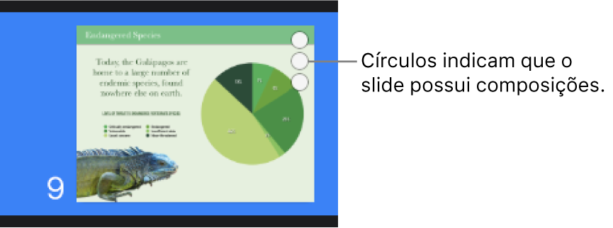 Um slide com três círculos no canto superior direito, indicando que o slide tem composições.