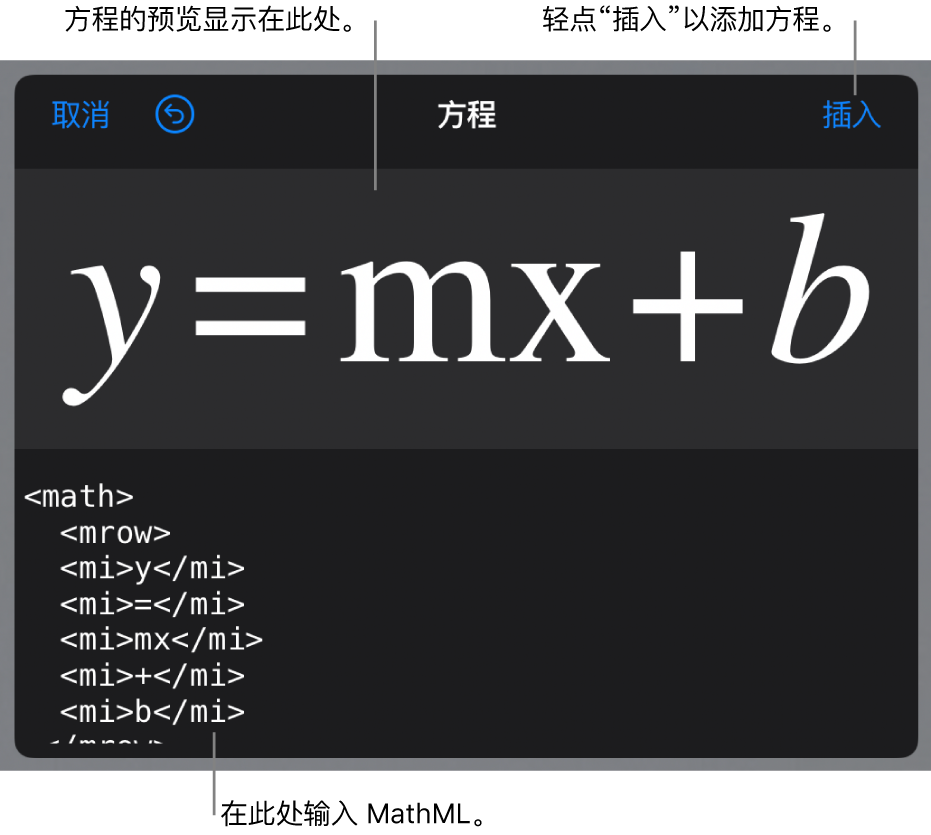 直线斜率方程的 MathML 代码以及上方公式的预览。