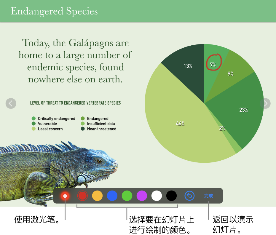 幻灯片插图模式下的幻灯片，显示激光笔和颜色选择控制。