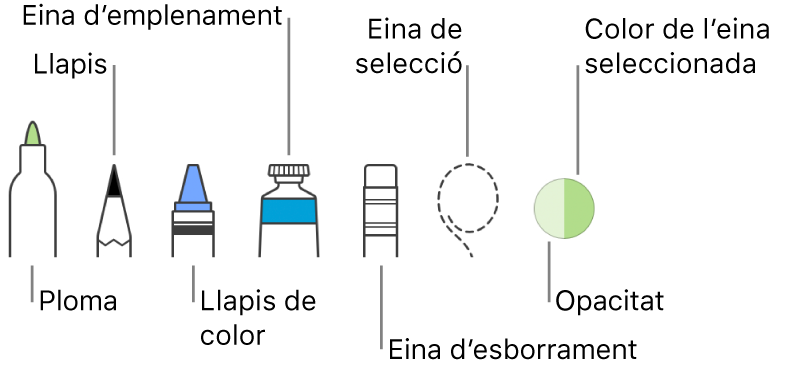 Les eines de dibuix, amb una ploma, un llapis, un llapis de colors, l’eina d’emplenament, l’eina d’esborrament, l’eina de selecció i la paleta que mostra el color actual.