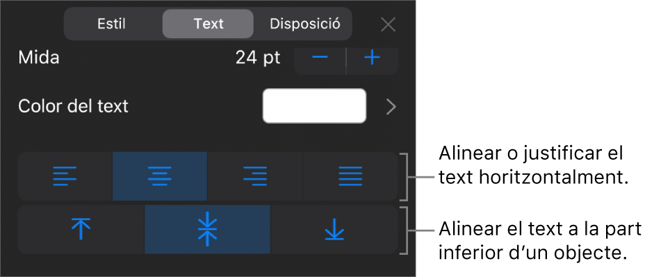 Secció Alineació del botó Format amb llegendes per als botons d’alineació de text.