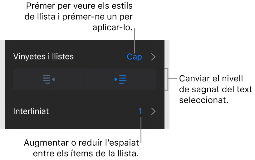 La secció “Vinyetes i llistes” dels controls de Format amb llegendes de “Vinyetes i llistes”, botons de sagnat i de sagnat esquerre, i controls d’interlineat.