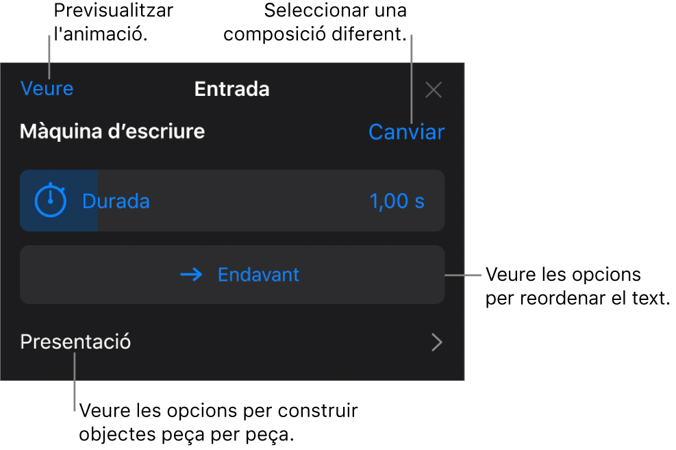 Les composicions d’entrada tenen les opcions Durada, “Animació de text” i Presentació. Prem Canviar per seleccionar una entrada diferent, o prem Previsualitzar per previsualitzar la composició.