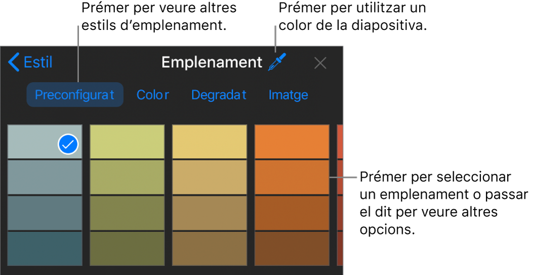 Opcions d’emplenament a la pestanya Estil.