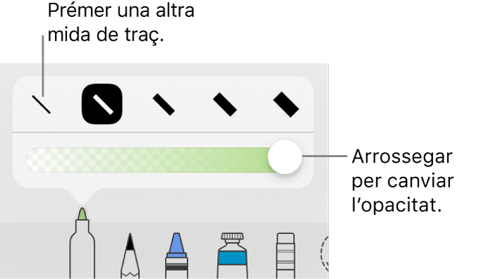 Controls per triar una mida de traç i un regulador per ajustar‑ne l’opacitat.