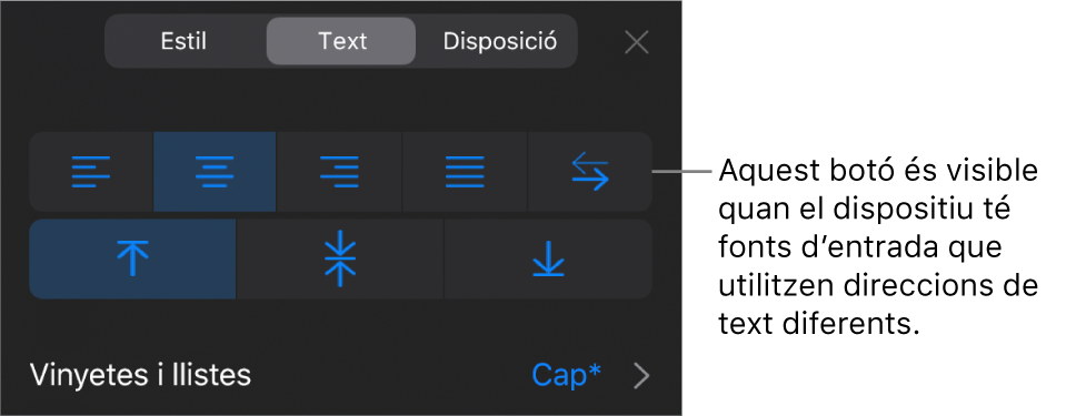 Controls de text del menú Format, amb una llegenda per al botó “De dreta a esquerra”.