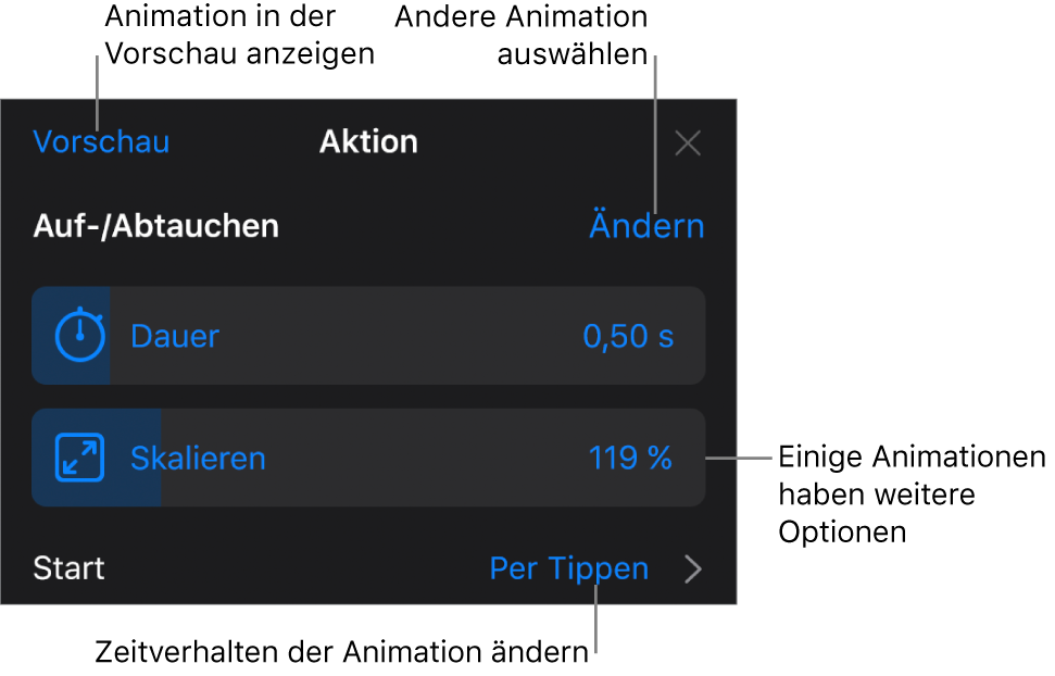 Animationsoptionen wie „Dauer“ und „Start“. Tippe auf „Ändern“, um eine andere Animation zu wählen, oder tippe auf „Vorschau“, um eine Vorschau der Animation anzuzeigen.
