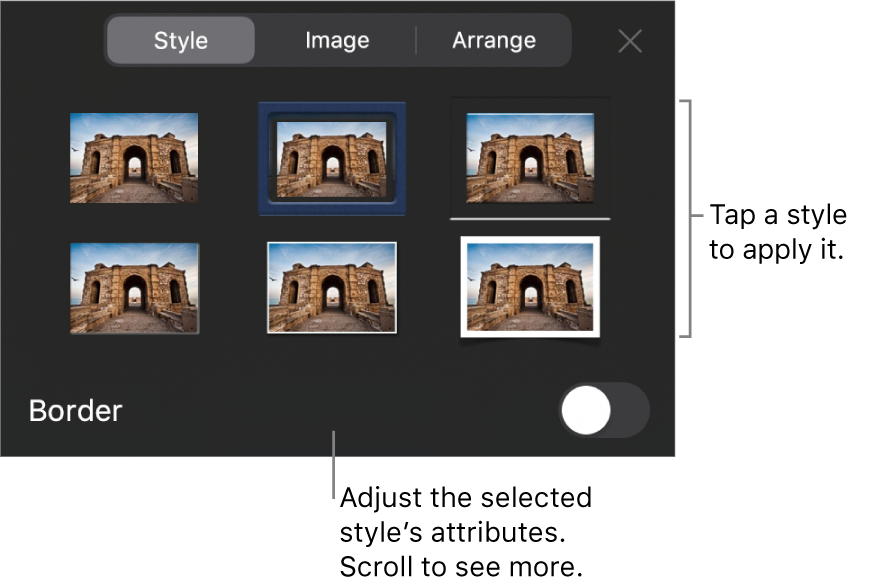 The Style tab of the Format menu with object styles at the top and a control below them to change the border.