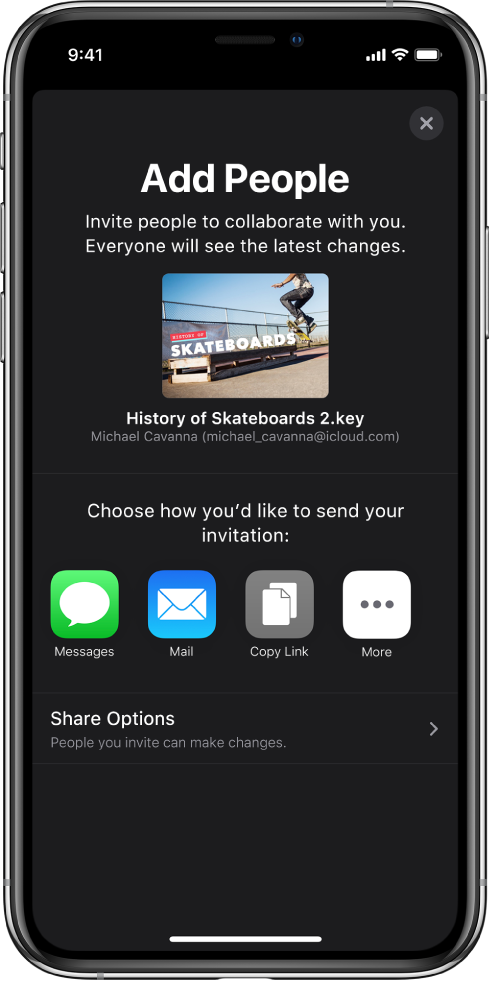 The Add People screen showing a picture of the presentation to be shared. Below it are buttons for ways to send the invitation, including Messages and Mail, a Copy Link and More. At the bottom is the Share Options button.