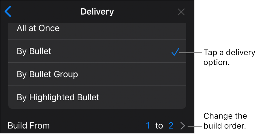 Delivery options in the Build In pane.