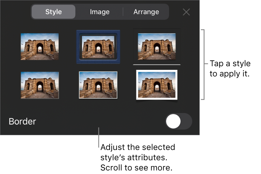 The Style tab of the Format menu with object styles at the top and a control below them to change the border.