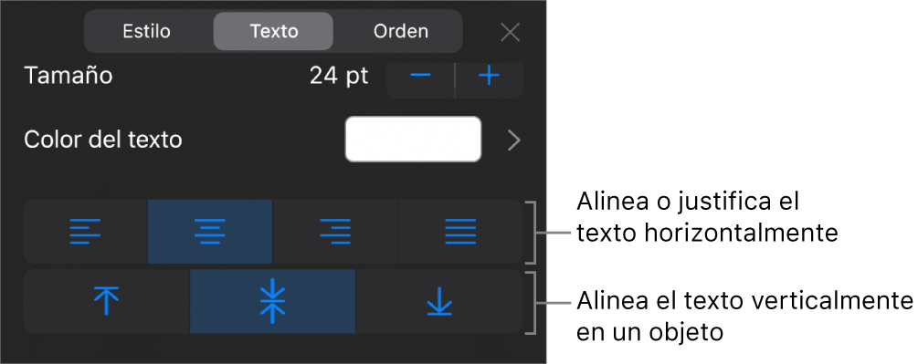 Sección Alineación del botón Formato con mensajes en los botones de alineación de texto.