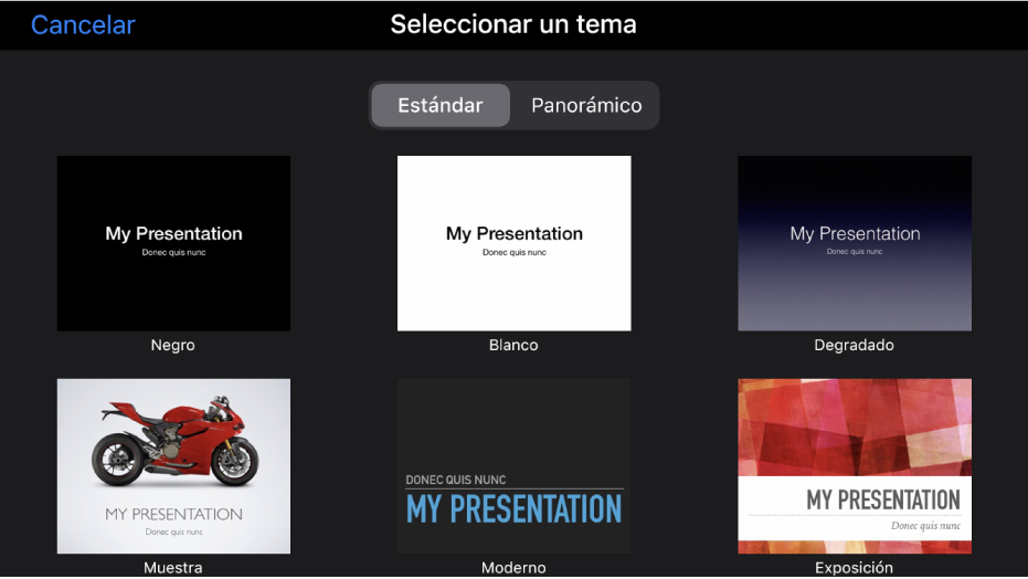 El selector de tema, con imágenes en miniatura de los temas prediseñados que puedes utilizar como punto de partida para crear una presentación.