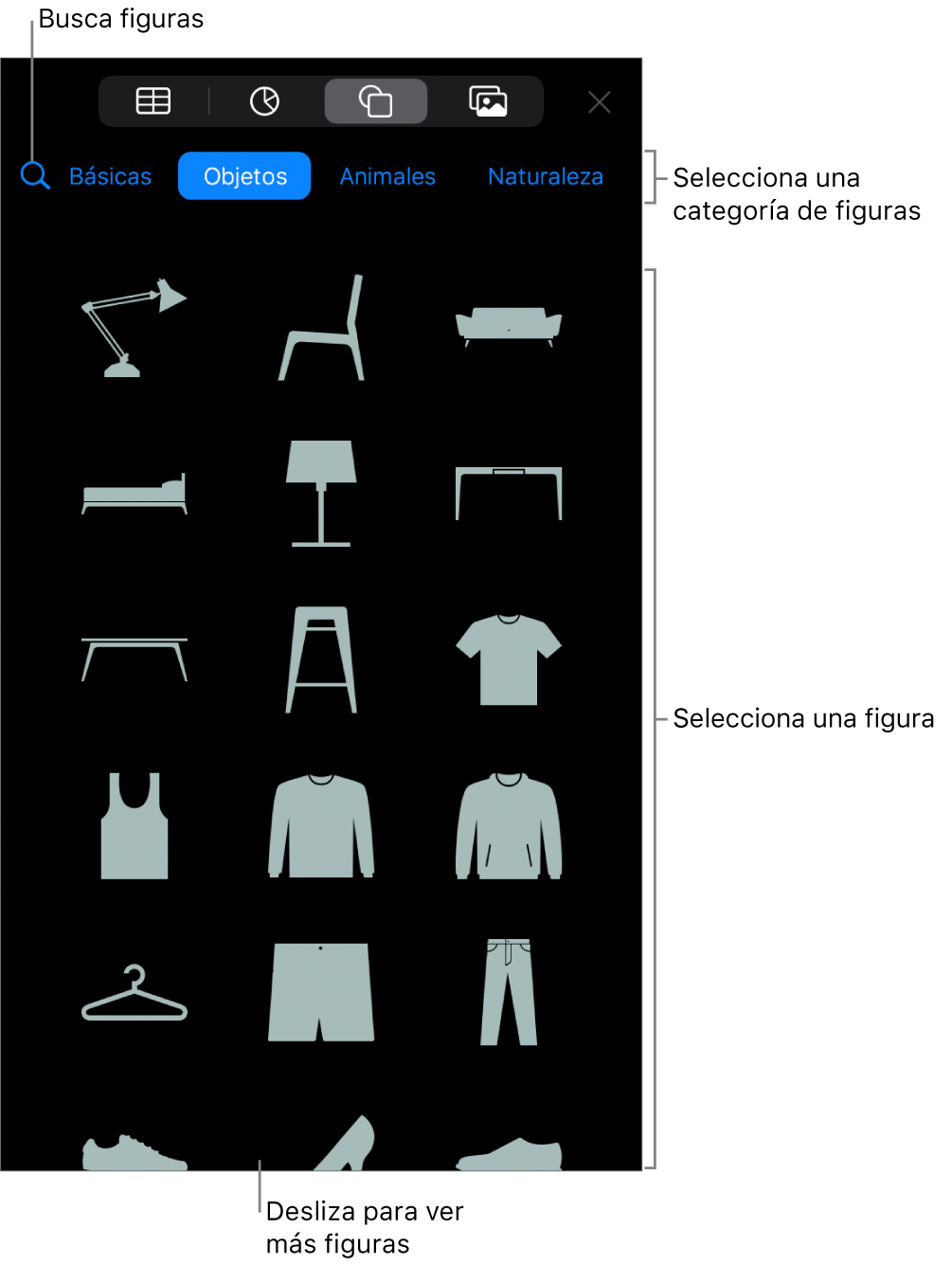 La biblioteca de figuras, con las categorías en la parte superior y las figuras mostradas abajo. Puede usar el campo de búsqueda de la parte superior para buscar figuras o deslizar para ver más.
