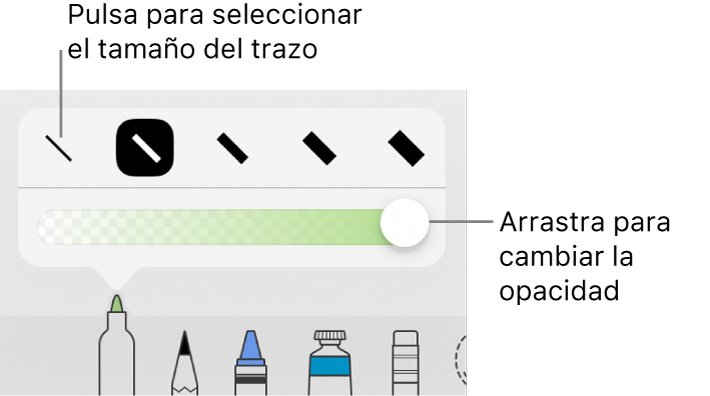 Controles para seleccionar un tamaño de trazo y un regulador para ajustar la opacidad.