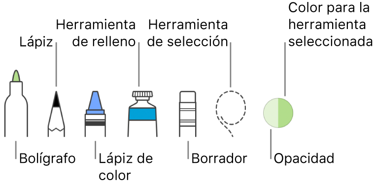 Las herramientas de dibujo con un bolígrafo, lápiz, lápiz de color, relleno, borrador, herramienta de selección y paleta, que muestra el color actual.