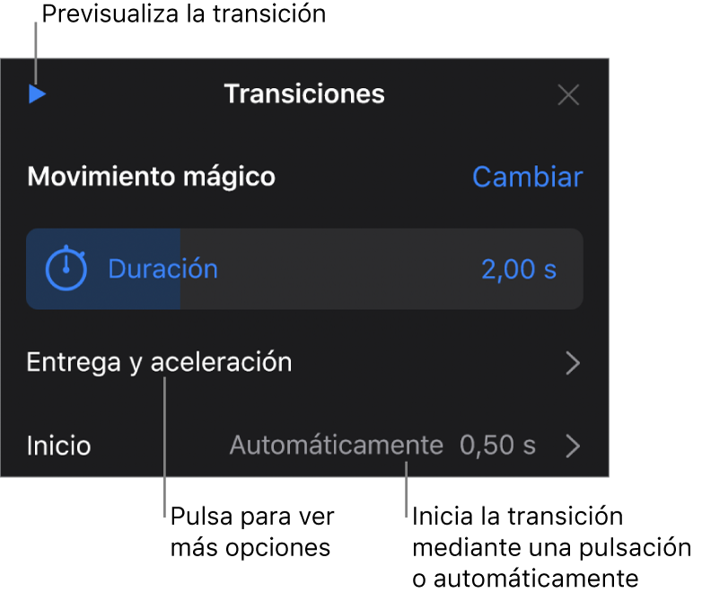 Controles de “Movimiento mágico” en el panel Transiciones.